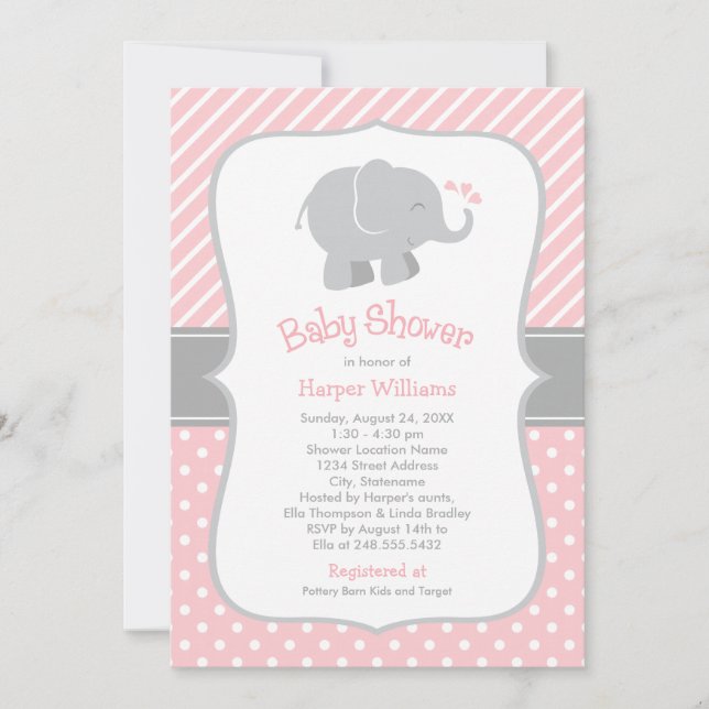 Invitación Rubor moderno y Baby Shower Chica de elefantes gri (Anverso)