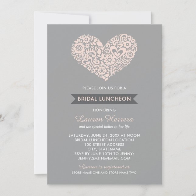 Invitación Rubor moderno y floral gris almuerzo de novia (Anverso)
