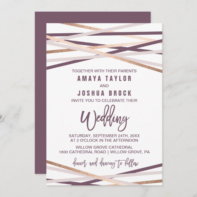Invitación Rubor morado y Rosa Boda de Streamers dorados (Anverso / Reverso)