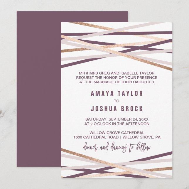 Invitación Rubor morado y Rosa Gold Streamers Boda formal (Anverso / Reverso)