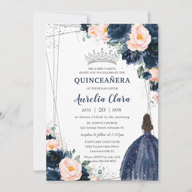 Invitación Rubor Navy Blue Floral Princesa Plata Quinceañera (Anverso)