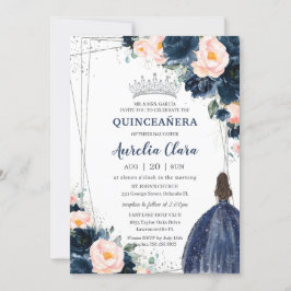 Invitación Rubor Navy Blue Floral Princesa Plata Quinceañera
