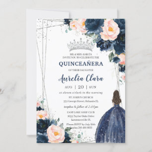 Invitación Rubor Navy Blue Floral Princesa Plata Quinceañera