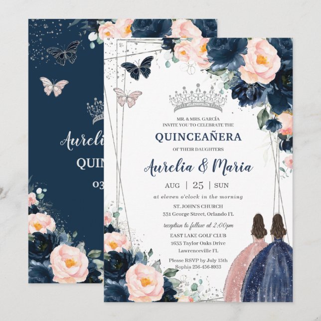 Invitación Rubor Navy Blue Floral Silver Twins Quinceañera (Anverso / Reverso)
