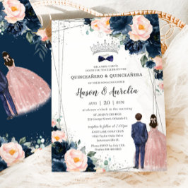 Invitación Rubor Navy Blue Floral Twins Boy Chica Quinceañera