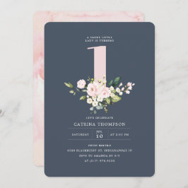 Invitación Rubor & Navy Floral & Eucalyptus Chica Primer cump