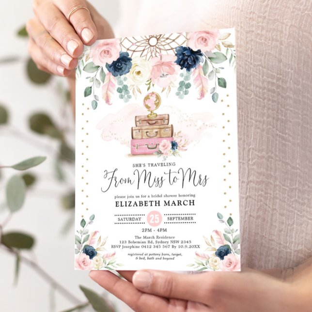 Invitación Rubor Navy Floral Travel Adventure Bridal Shower (Subido por el creador)