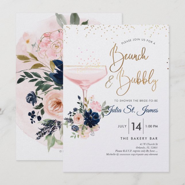 Invitación Rubor+Navy Flores Brunch Bubbly Pink Champagne (Anverso / Reverso)