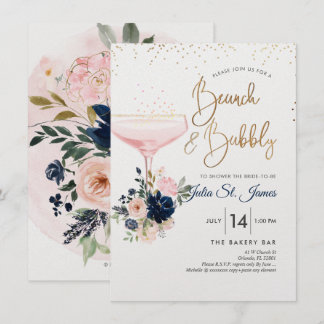 Invitación Rubor+Navy Flores Brunch Bubbly Pink Champagne
