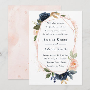 Invitación Rubor & Navy Flowers Boda Geométrico de todas las
