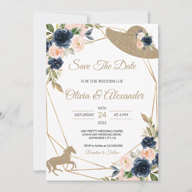 Invitación Rubor & Navy Kentucky Derby Wedding Save The Date (Anverso)
