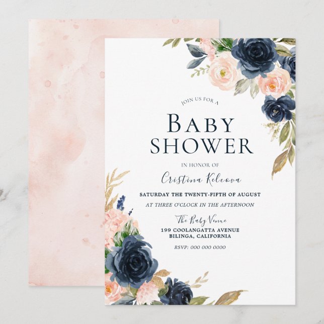 Invitación Rubor & Navy Peach Flowers Baby Shower (Anverso / Reverso)