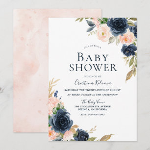 Invitación Rubor & Navy Peach Flowers Baby Shower