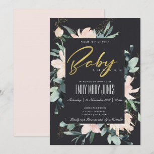 Invitación Rubor NEGRO FLOME FRAME WATERCOLOR BABY SHOWER