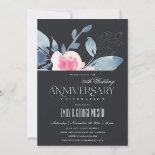 INVITACIÓN RUBOR NEGRO FLORAL AZUL 25º ANIVERSARIO DE CUALQUI