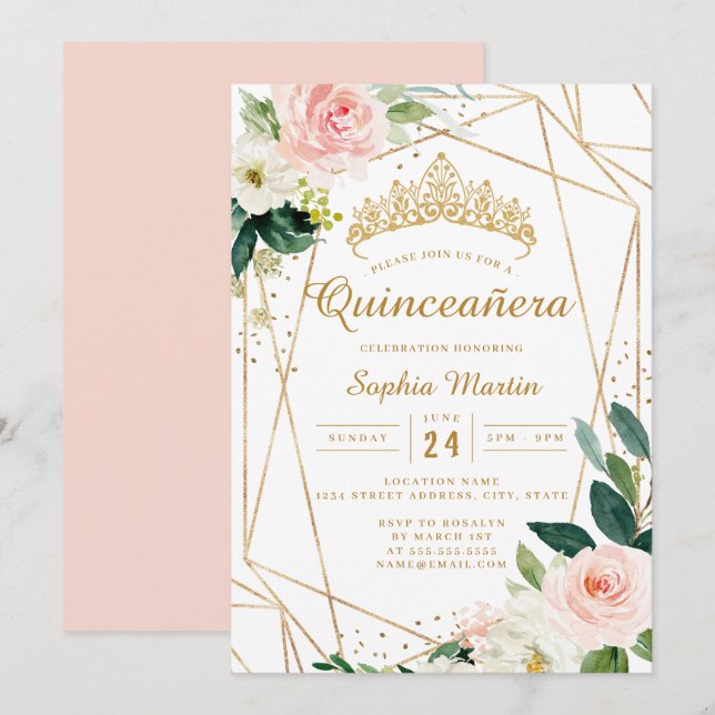 Invitación Rubor Oro Floral Geométrico Quinceañera  (Anverso / Reverso)