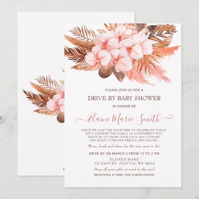 Invitación Rubor Pampas De Boho Rústico Por Baby Shower (Anverso / Reverso)