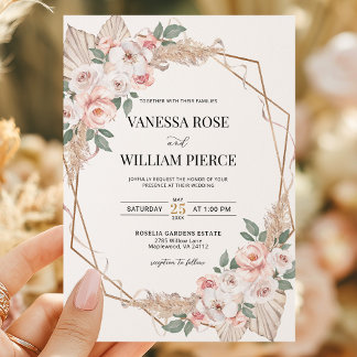 Invitación Rubor Pampas Grass Boho Boda Gold Geométrico