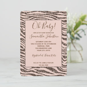 Invitación Rubor Peach Brown Zebra Purpurina Baby Shower