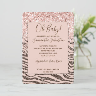 Invitación Rubor Peach Brown Zebra Purpurina Baby Shower