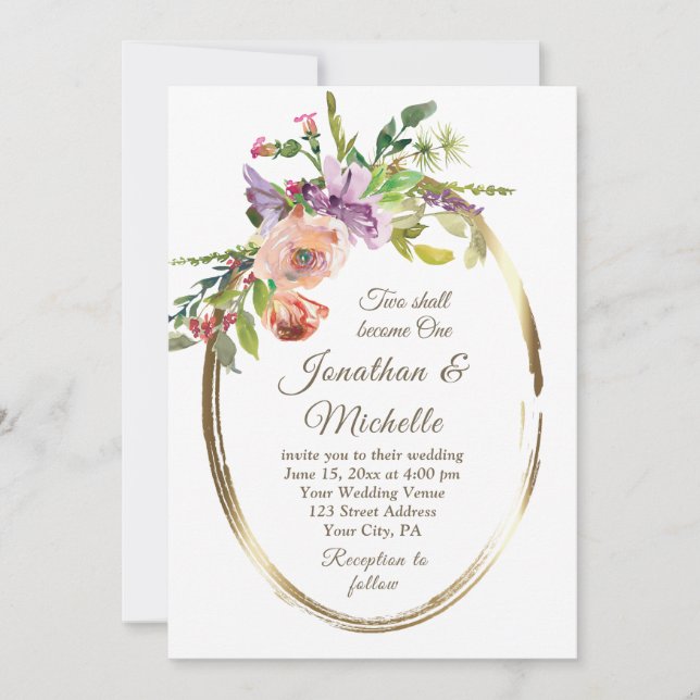 Invitación Rubor Peach Floral Gold Frame Christian Boda (Anverso)