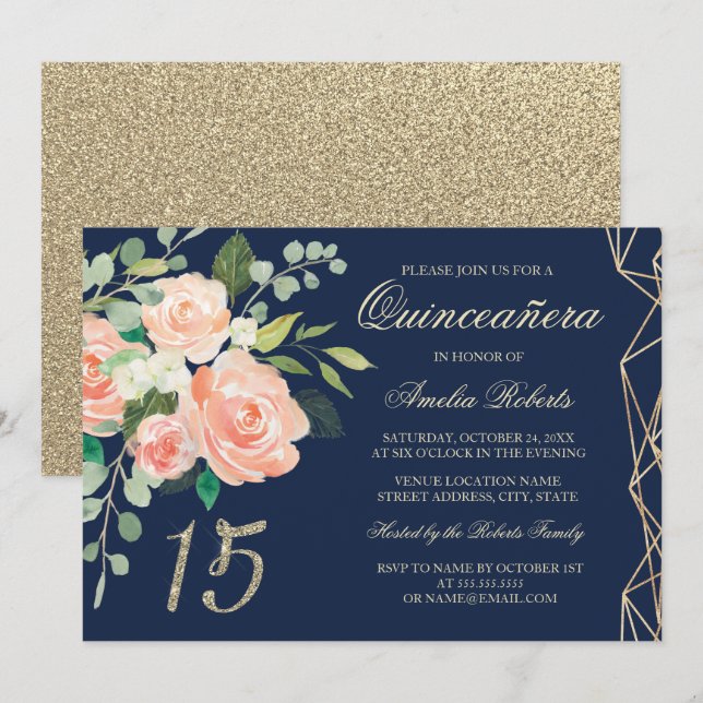 Invitación Rubor Peach Floral Gold Purpurina Navy Quinceanera (Anverso / Reverso)