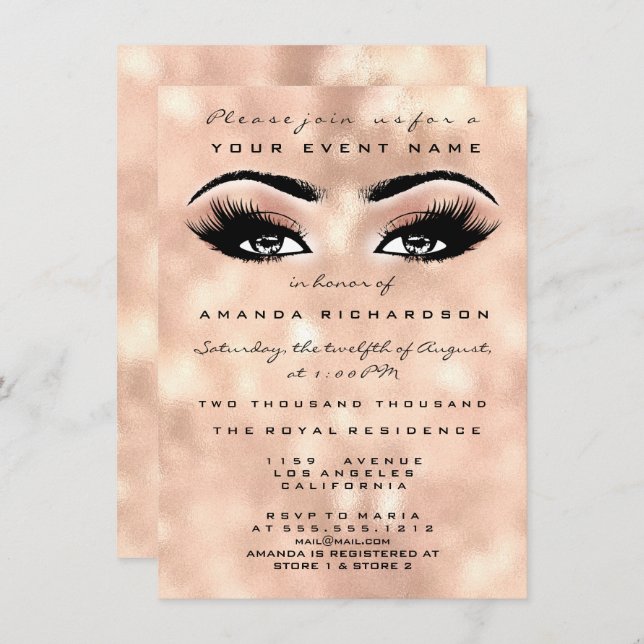 Invitación Rubor Peach Makeup Purpurina Ojos 16th Bridal Dama (Anverso / Reverso)