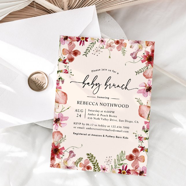 Invitación Rubor Peach Peach Boho Floral Baby Brunower (Subido por el creador)