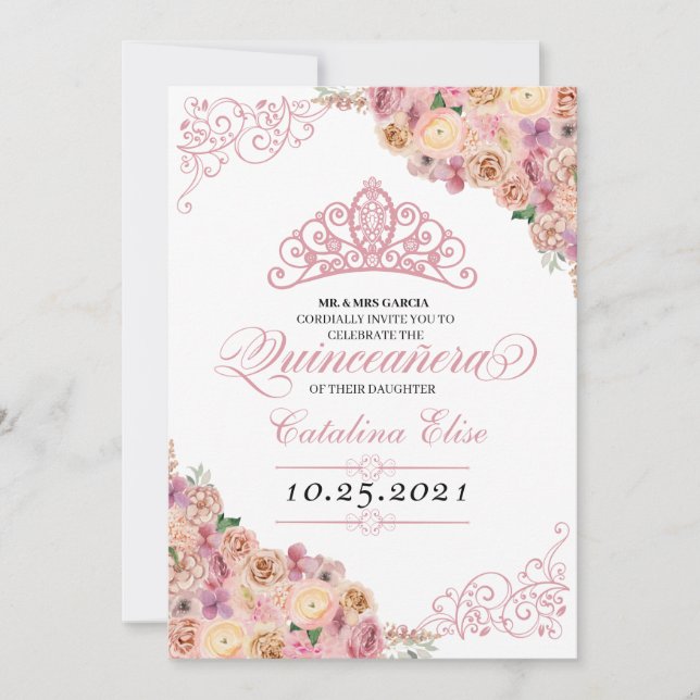 Invitación Rubor Peach Peach Floral Quinceanera Cumpleaños (Anverso)