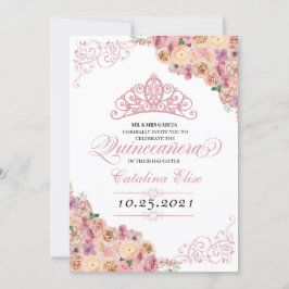 Invitación Rubor Peach Peach Floral Quinceanera Cumpleaños