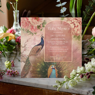 Invitación Rubor Peacock Arch Pink Peony Flower Baby Shower