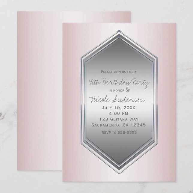 Invitación Rubor Pearl Pink Silver Fiesta de cumpleaños Cualq (Anverso / Reverso)