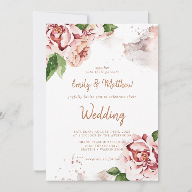 Invitación Rubor Peonies Moderno Resumen Purpurina Boda (Anverso)