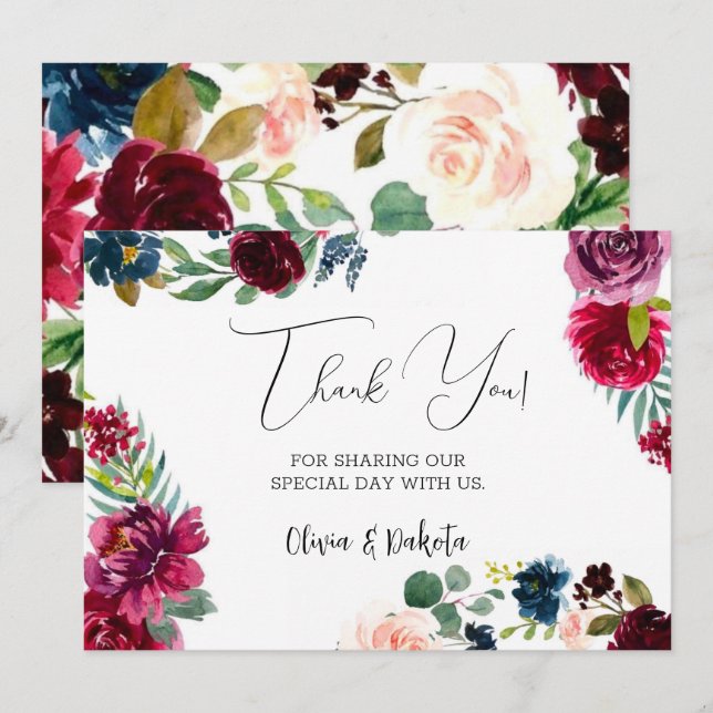 Invitación Rubor Peony Boda de la Marina Borgoña Gracias Cart (Anverso / Reverso)