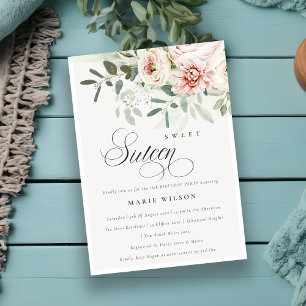 Invitación Rubor Peony Eucalyptus Foliage Dieciséis Cumpleaño