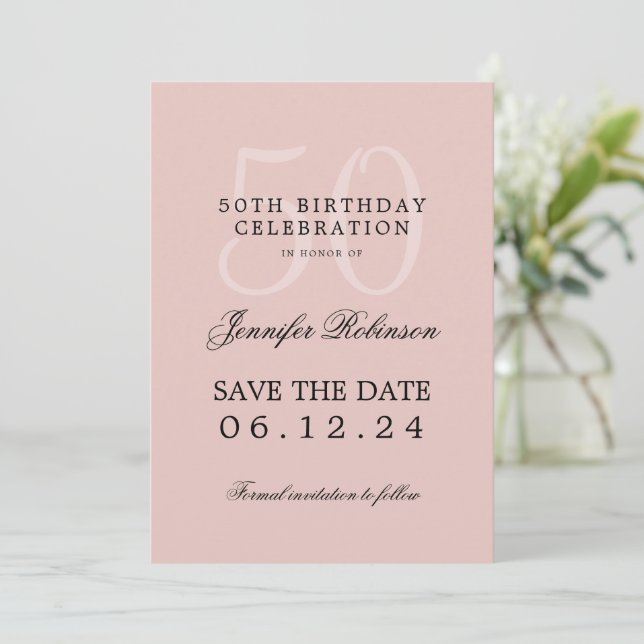 Invitación Rubor Pink 50th Birthday Save Date con detalles (Anverso de pie)