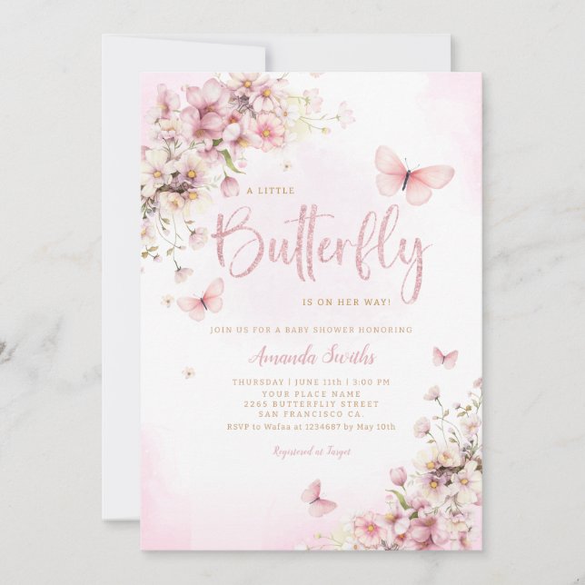 Invitación Rubor Pink A Little Butfly Chica Baby Shower (Anverso)