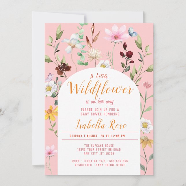Invitación Rubor Pink A Little Wildflower Chica Baby Shower (Anverso)