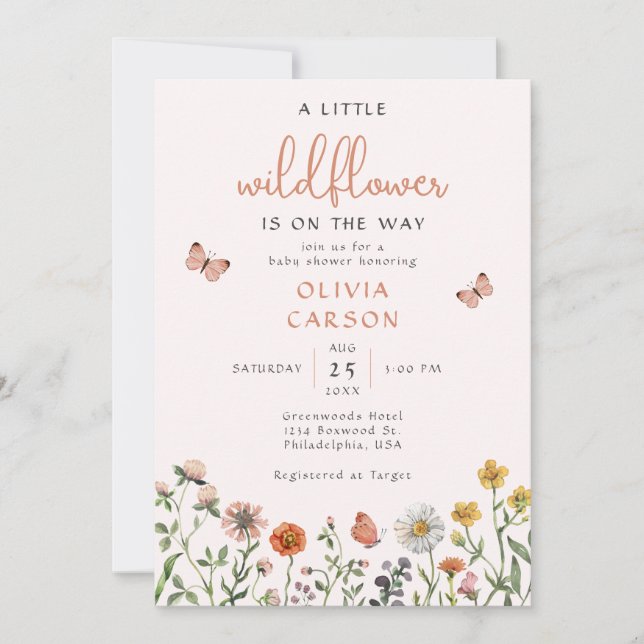 Invitación Rubor Pink A Little Wildflower Floral Baby Shower (Anverso)