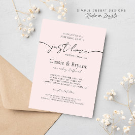 Invitación Rubor Pink and Black Just Love Moderne Script Boda