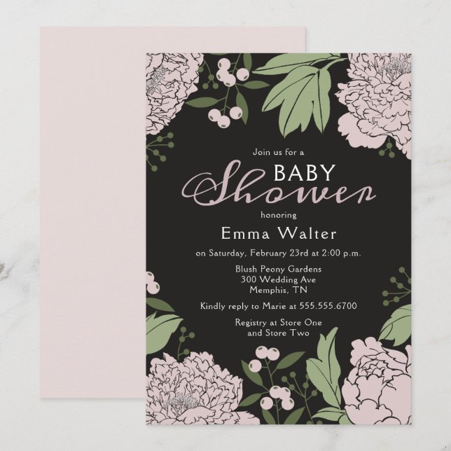 Invitación Rubor Pink and Black Peonies Baby Shower (Anverso / Reverso)