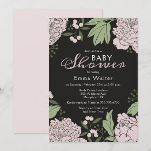 Invitación Rubor Pink and Black Peonies Baby Shower
