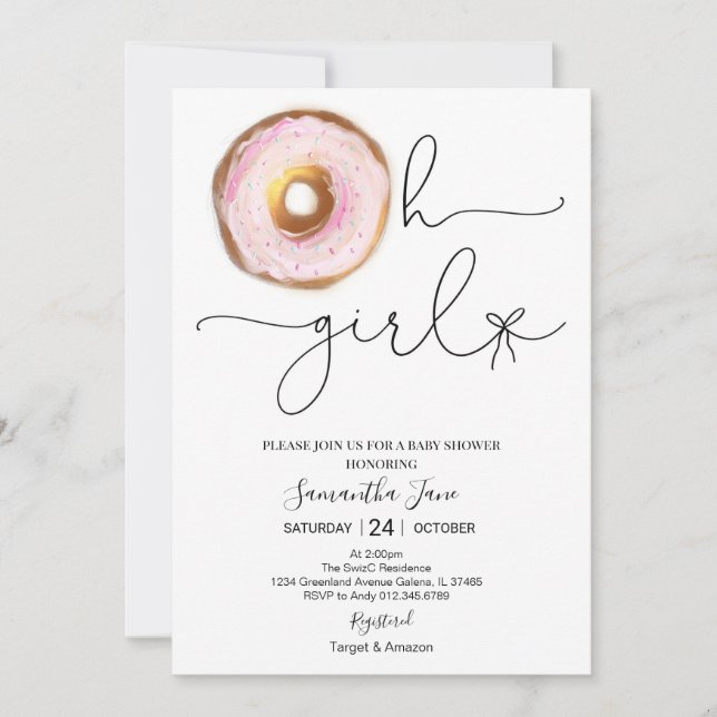 Invitación Rubor Pink and Gold Donut Oh Chica Baby Shower (Anverso)