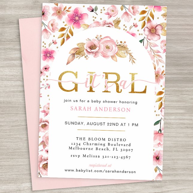 Invitación Rubor Pink and Gold Flor Baby Invita (It's A Girl Baby Shower Invitation)