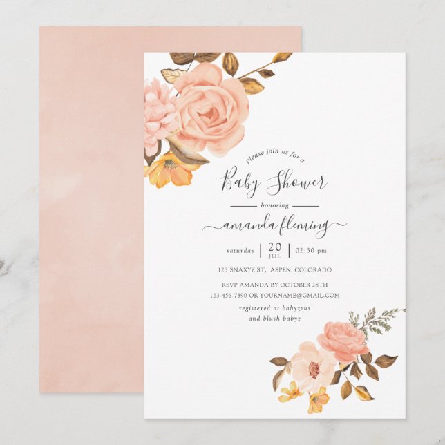 Invitación Rubor Pink and Gold Floral Baby Shower (Anverso / Reverso)