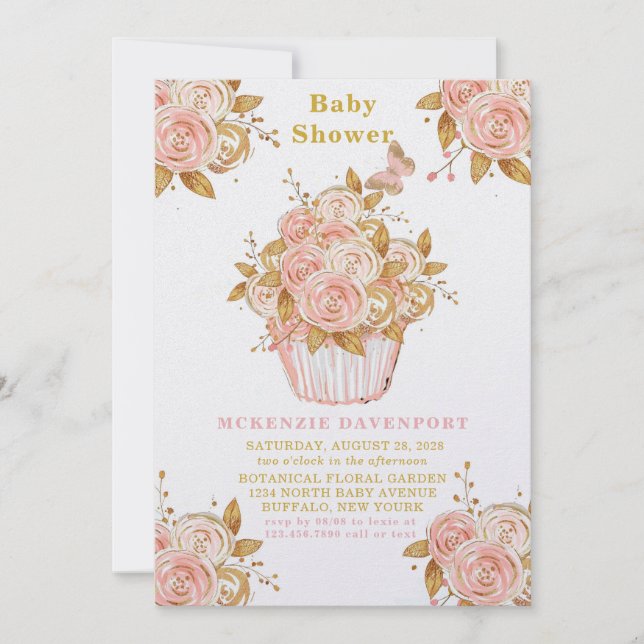 Invitación Rubor Pink and Gold Floral Cupcake Baby Shower (Anverso)
