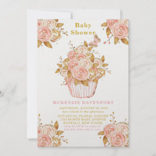 Invitación Rubor Pink and Gold Floral Cupcake Baby Shower