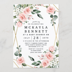 Invitación Rubor Pink and Gold Floral Green Baby Shower