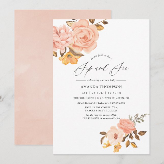 Invitación Rubor Pink and Gold Floral Sip and See Fiesta (Anverso / Reverso)