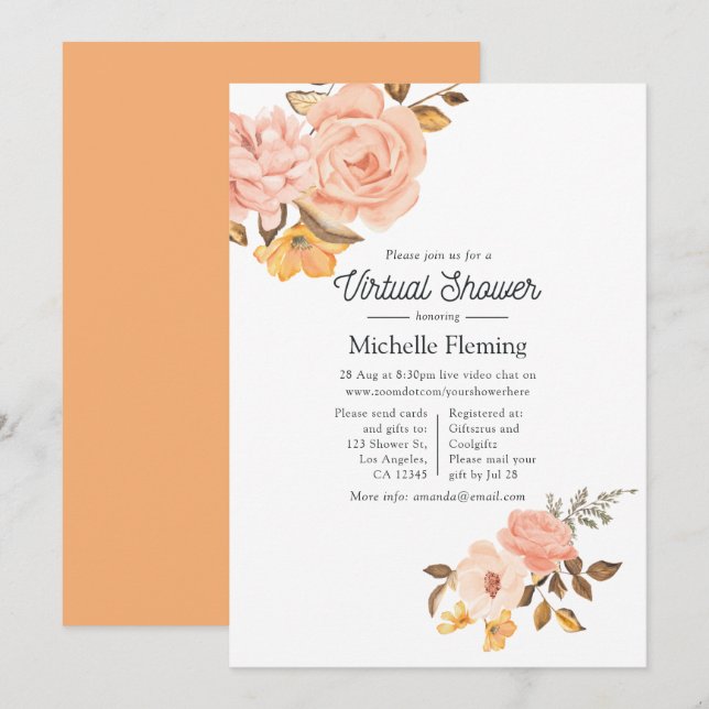 Invitación Rubor Pink and Gold Floral Virtual Baby Shower (Anverso / Reverso)